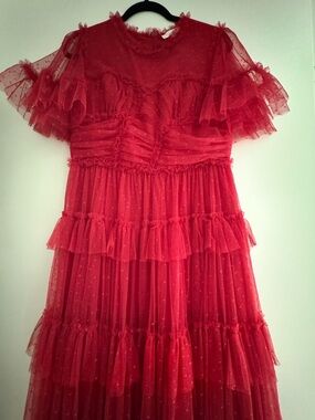 Ivy City Co Red Ruffled Tulle Midi Dress